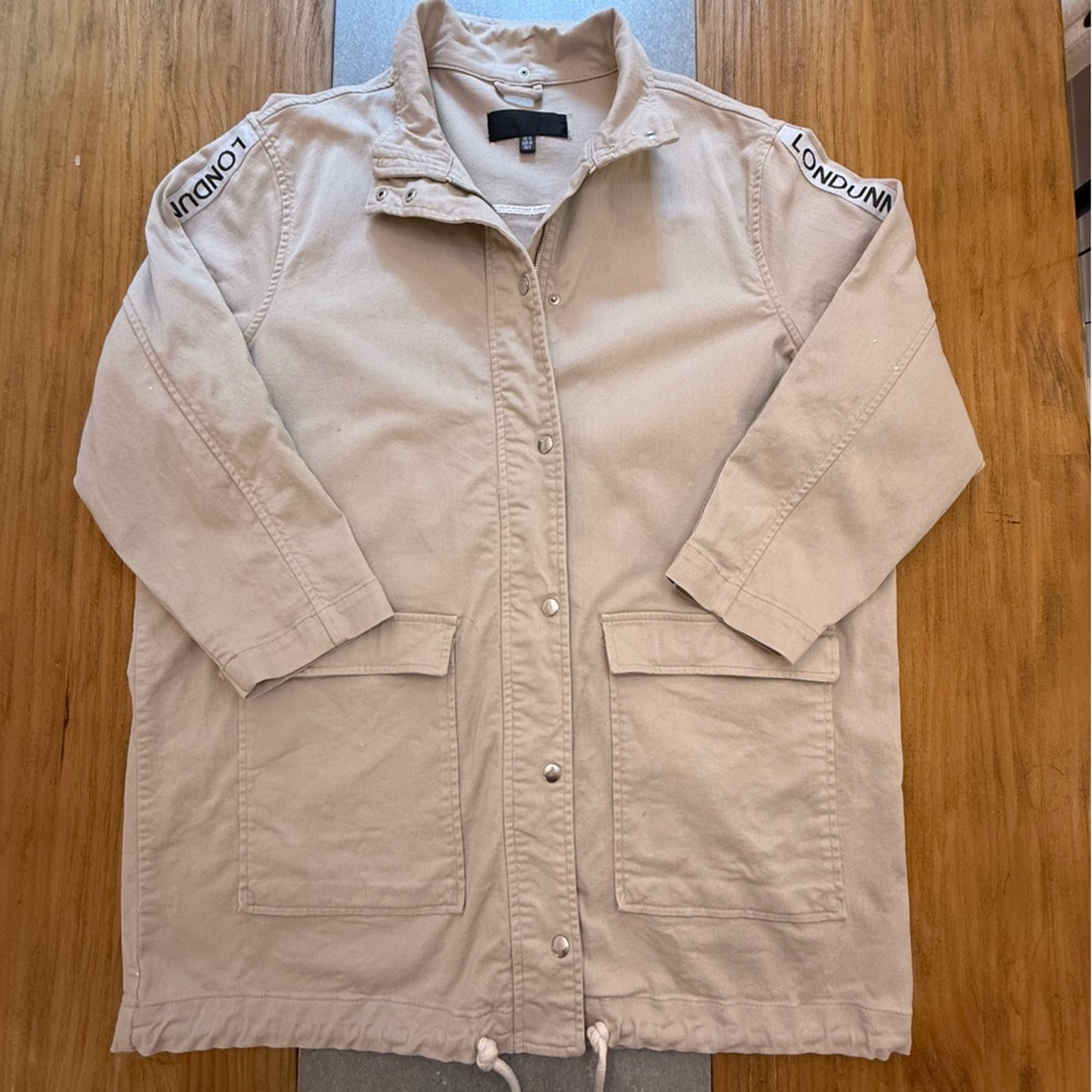 Londunn + Missguided Tan Khaki Utility Jacket Trench Coat Logo Sleeves Size 8 - Picture 4 of 15